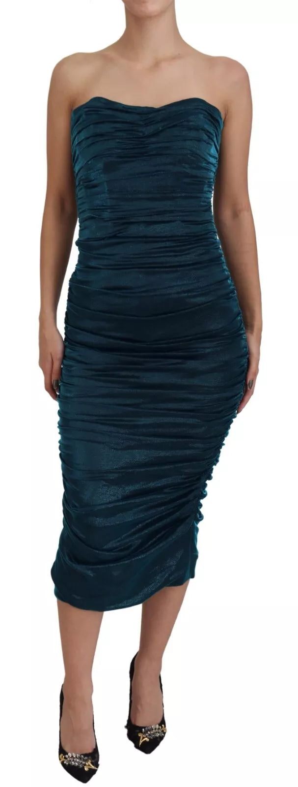 Dolce & Gabbana Silk Blend Blue Satin Fitted Strapless Dress